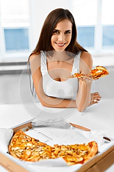 Eating Fast Food. Woman Eating Italian Pizza. Nutrition. Diet, L