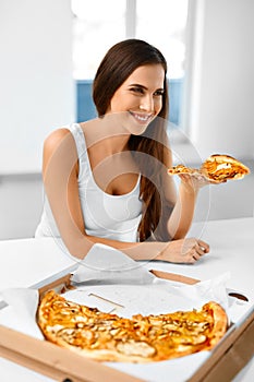 Eating Fast Food. Woman Eating Italian Pizza. Nutrition. Diet, L