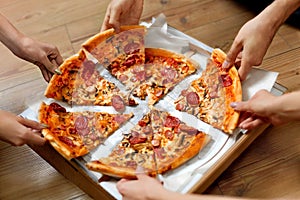 Eating Food. People Taking Pizza Slices. Friends Leisure, Fast F