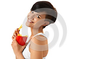 Eating Food. Woman Holding French Fries. White Background. Fast