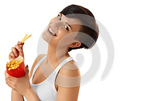 Eating Food. Woman Holding French Fries. White Background. Fast