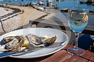 Eating of fresh live oysters with glass of white wine at farm cafe in oyster-farming village, with view on boats and water of