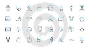 Eating habits linear icons set. Nutrition, Diet, Choices, Portions, Healthy, Snacking, Mindful line vector and concept