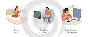 Eating habits of teens isolated cartoon vector illustration set.