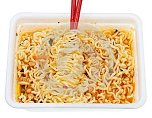 Eating of instant ramen from lunch box