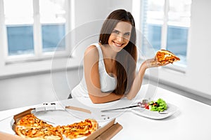 Eating Italian Food. Woman Eating Pizza. Fast Food Nutrition. Li