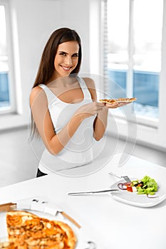 Eating Italian Food. Woman Eating Pizza. Fast Food Nutrition. Li