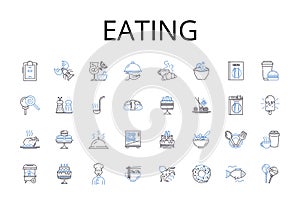Eating line icons collection. Drinking, Feasting, Devouring, Noshing, Munching, Chomping, Grazing vector and linear