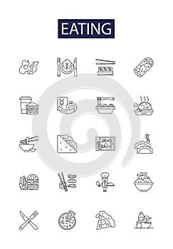Eating line vector icons and signs. feasting, relishing, noshing, nibbling, scoffing, gorging, devouring, chewi outline