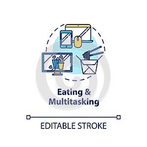 Eating and multitasking concept icon. Conscious nutrition, binge eating idea thin line illustration. Mindless food