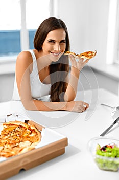 Eating Pizza. Woman Eating Italian Food. Fast Food Nutrition. Li