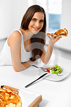 Eating Pizza. Woman Eating Italian Food. Fast Food Nutrition. Li