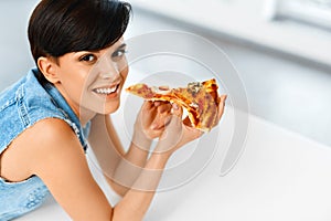 Eating Pizza. Woman Eating Italian Food. Fast Food Nutrition. Li