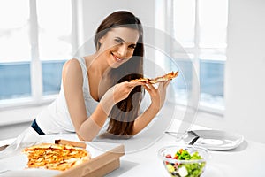 Eating Pizza. Woman Eating Italian Food. Fast Food Nutrition. Li