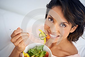 Eating, salad and portrait of happy woman with lunch, nutrition and wellness in diet. Healthy food, fruit and vegetables