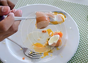 Eating of soft boiled egg in dish