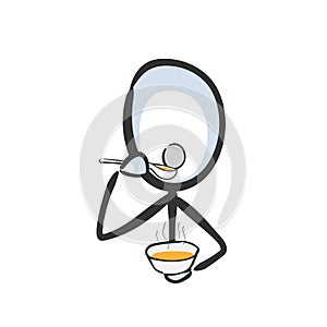 Eating soup with spoon from bowl. Vector simple stickman no face clipart cartoon. Hand drawn. Doodle sketch, graphic illustration