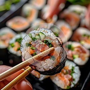 Eating Sushi Rolls with Chopsticks in Hands, Taking Sushi Roll, Eating Susi in Japanese Restaurant