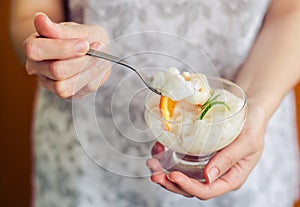 Eating tapioca pudding