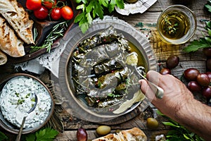 Eating Traditional Turkish Dolma, Sarma or Dolmades with Tzatziki Sauce, Mediterranean Dish photo
