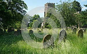 Eaton Socon Church and churchyard with grass left uncut in graveyard to encourage insects.