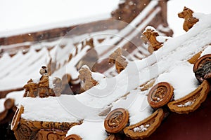 The eaves of ancient buildings in the Forbidden City covered with snow..