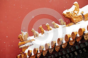 The eaves of ancient buildings in the Forbidden City covered with snow..