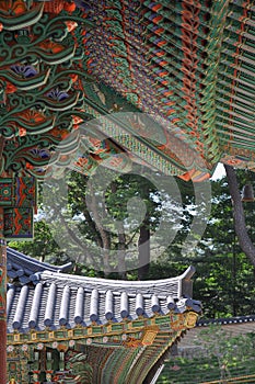 Eaves detail of Daeungjeon Hall at Haeinsa Temple, Mount Gaya, Gayasan National Park, South Korea