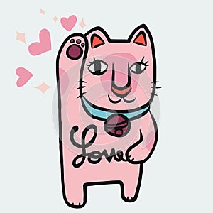 Japanese lucky cat Maneki Neko pink color bring love luck cute cartoon illustration