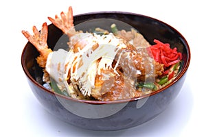 Ebi Fried don Japanese deep fried prawn rice bowl on