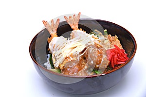 Ebi Fried don Japanese deep fried prawn rice bowl isolated on photo