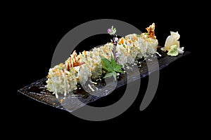 Ebi tempura maki. Japanese sushi shrimp tempura roll. Japanese tradition fusion food style.