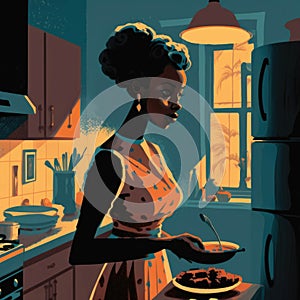 An ebony queen stands in her kitchen preparing a hearty meal for her family her hair pulled back and her jelry glinting