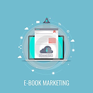 Ebook marketing, white paper download, digital content publication, concept. Flat design vector banner.