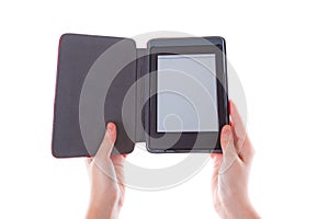 Ebook reader in hands with blank screen