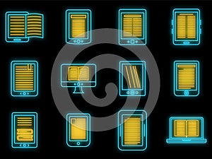 Ebook reader icons set vector neon