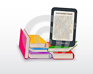 Ebook reading, e-learning, online courses , digital library concept with stack of books and tablet isolated on white background.