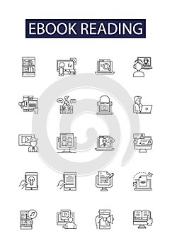 Ebook reading line vector icons and signs. reading, novel, story, digital, kindle, pdf, epub, fiction outline vector