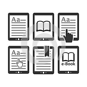 Ebook tablet e-reader device icon set. E reading, e book icons.