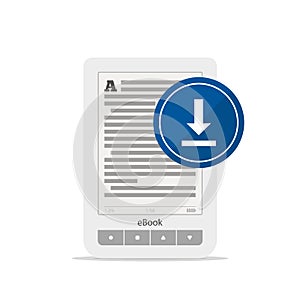 EBook or tablet and upload button isolated on white background. A portable device for reading. Icon to download the text