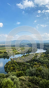 Ebro River in Miravet, Spain, panoramic vertical photo