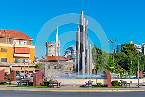 Ebu Bekr mosque viewed behind Democracy square in Shkoder, Albania