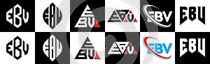 EBV letter logo design in six style. EBV polygon, circle, triangle, hexagon, flat and simple style with black and white color photo