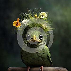 Eccentric Creativity: A Green Bird With Flower In The Style Of Bill Gekas