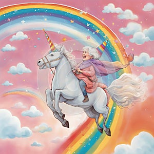 Eccentric elderly woman riding unicorn across rainbow sky, grandma& x27;s birthday