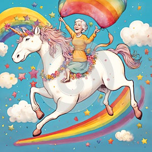 Eccentric elderly woman riding unicorn across rainbow sky, grandma& x27;s birthday