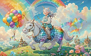 Eccentric elderly woman riding unicorn across rainbow sky, grandma& x27;s birthday