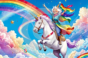 Eccentric elderly woman riding unicorn across rainbow sky, grandma's birthday