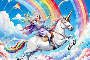 Eccentric elderly woman riding unicorn across rainbow sky, grandma& x27;s birthday