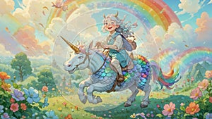 Eccentric elderly woman riding unicorn across rainbow sky, grandma& x27;s birthday